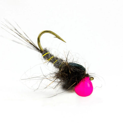 Drop Pink Jig-Nymphe mit grauem, gelb geripptem Körper, dunklem Dubbing-Thorax und leuchtend pinkfarbener Kopfperle