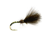 Emerger-Trockenfliege mit gebogenem, gelb-schwarz geringeltem Körper und großem dunkelbraunem Fächerflügel