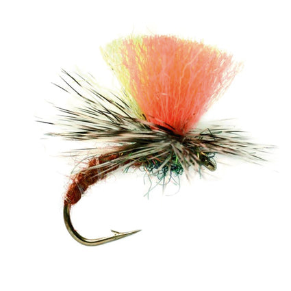 Klinkhammer Emerger mit gebogenem braunem Körper, grizzlyfarbener Parachute-Hechel und orangefarbenem Sichtflügel